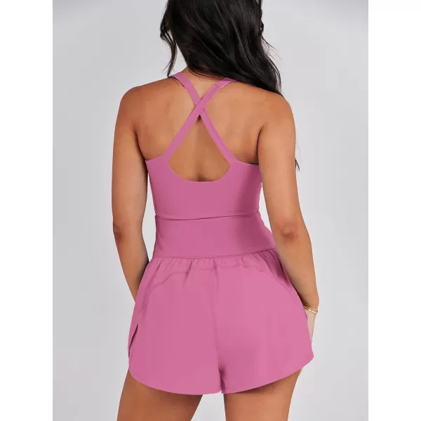 imageANRABESS Womens Running Onesie Workout Rompers Summer One Piece Outfits Exercise Jumpsuits Gym Yoga ClothesHot Pink