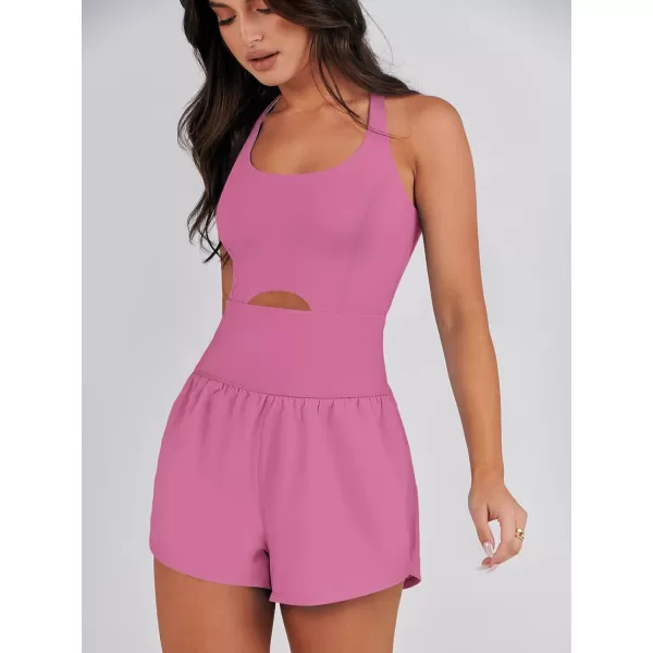 imageANRABESS Womens Running Onesie Workout Rompers Summer One Piece Outfits Exercise Jumpsuits Gym Yoga ClothesHot Pink