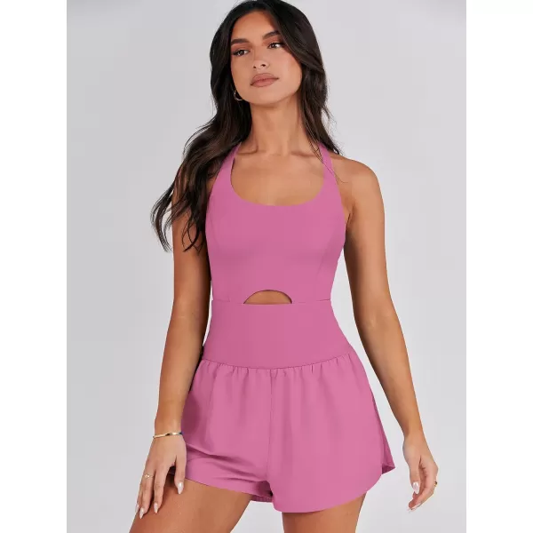 imageANRABESS Womens Running Onesie Workout Rompers Summer One Piece Outfits Exercise Jumpsuits Gym Yoga ClothesHot Pink