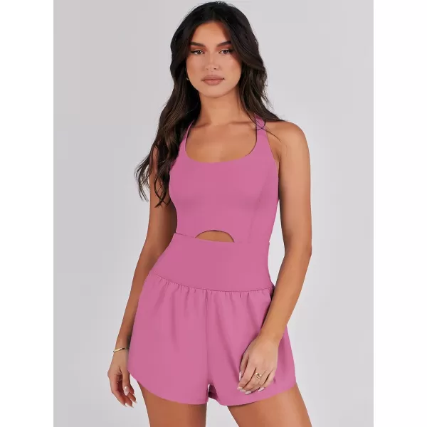imageANRABESS Womens Running Onesie Workout Rompers Summer One Piece Outfits Exercise Jumpsuits Gym Yoga ClothesHot Pink