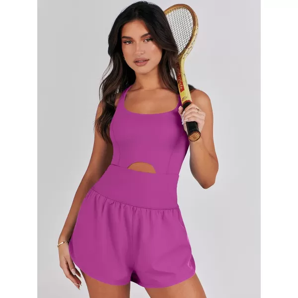 imageANRABESS Womens Running Onesie Workout Rompers Summer One Piece Outfits Exercise Jumpsuits Gym Yoga ClothesPurple Pink