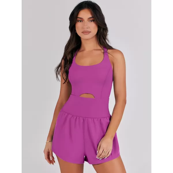 imageANRABESS Womens Running Onesie Workout Rompers Summer One Piece Outfits Exercise Jumpsuits Gym Yoga ClothesPurple Pink