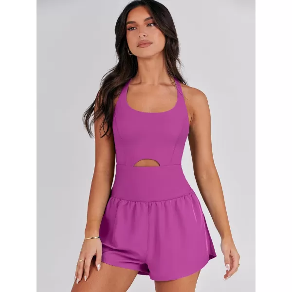 imageANRABESS Womens Running Onesie Workout Rompers Summer One Piece Outfits Exercise Jumpsuits Gym Yoga ClothesPurple Pink