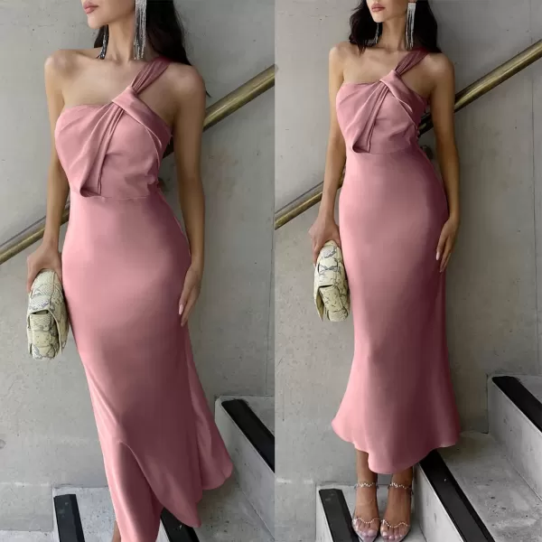 imageANRABESS Womens Satin One Shoulder Wedding Guest Bodycon Dress Cocktail Evening Party Maxi DressesPink