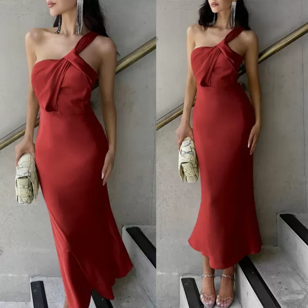 imageANRABESS Womens Satin One Shoulder Wedding Guest Bodycon Dress Cocktail Evening Party Maxi DressesRed