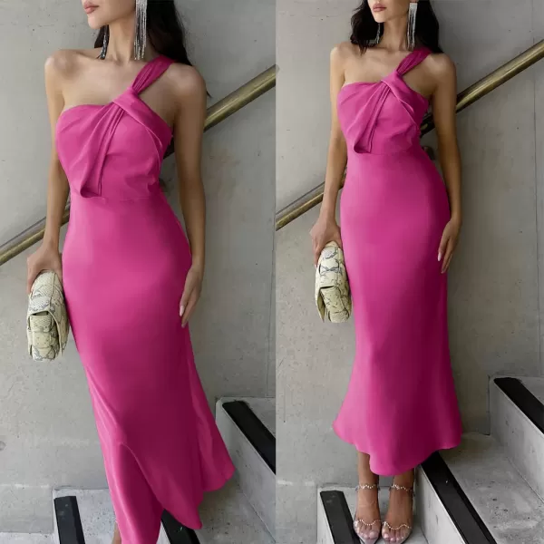 imageANRABESS Womens Satin One Shoulder Wedding Guest Bodycon Dress Cocktail Evening Party Maxi DressesRose