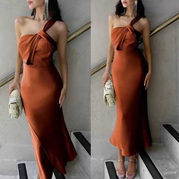 imageANRABESS Womens Satin One Shoulder Wedding Guest Bodycon Dress Cocktail Evening Party Maxi DressesRust