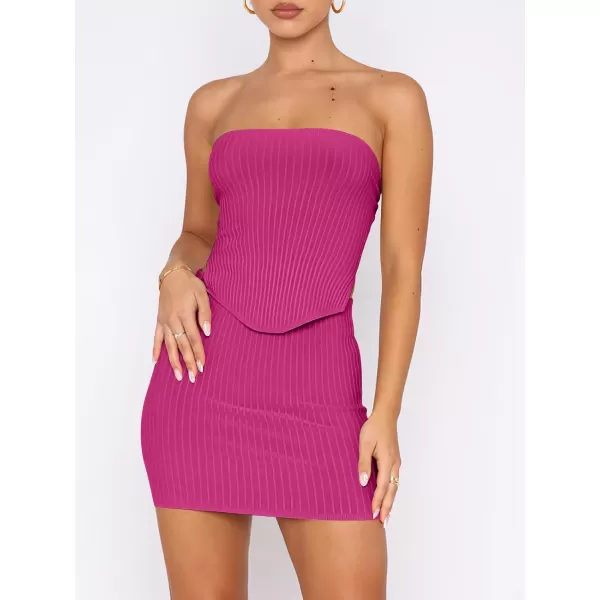 imageANRABESS Womens Sexy Summer Two Piece Outfits Bandeau Going Out Crop Tops Bodycon Skirt Set Mini Dress SuitsHot Pink