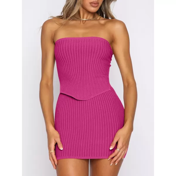 imageANRABESS Womens Sexy Summer Two Piece Outfits Bandeau Going Out Crop Tops Bodycon Skirt Set Mini Dress SuitsHot Pink
