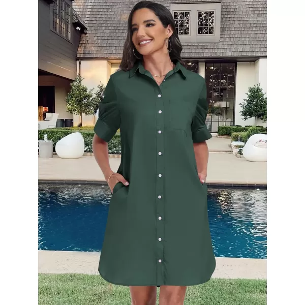 imageANRABESS Womens Shirt Dress Collar Short Sleeve Loose Casual Summer Button Down Shift Dresses with PocketsArmy Green