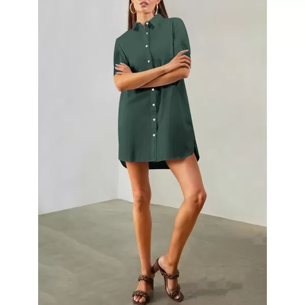 imageANRABESS Womens Shirt Dress Collar Short Sleeve Loose Casual Summer Button Down Shift Dresses with PocketsArmy Green