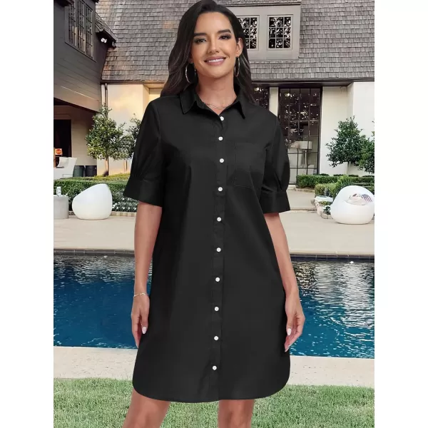 imageANRABESS Womens Shirt Dress Collar Short Sleeve Loose Casual Summer Button Down Shift Dresses with PocketsBlack