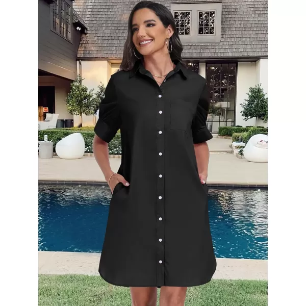 imageANRABESS Womens Shirt Dress Collar Short Sleeve Loose Casual Summer Button Down Shift Dresses with PocketsBlack