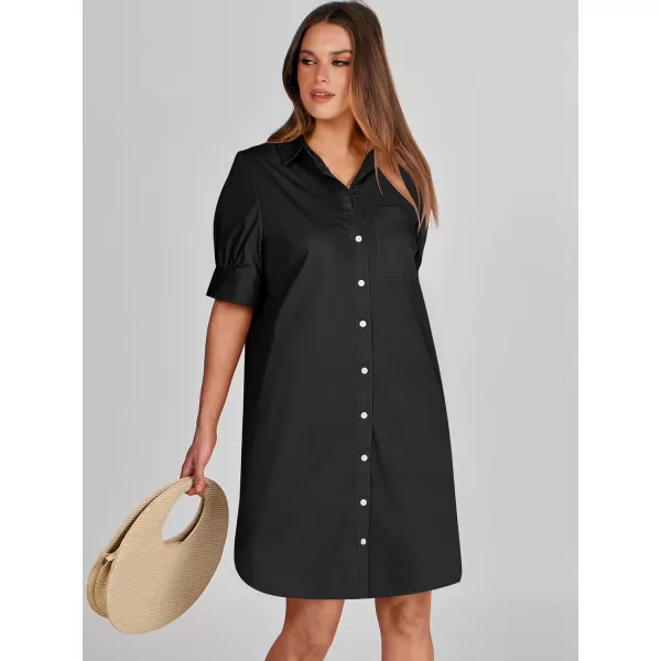 imageANRABESS Womens Shirt Dress Collar Short Sleeve Loose Casual Summer Button Down Shift Dresses with PocketsBlack