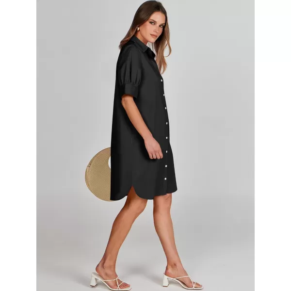 imageANRABESS Womens Shirt Dress Collar Short Sleeve Loose Casual Summer Button Down Shift Dresses with PocketsBlack