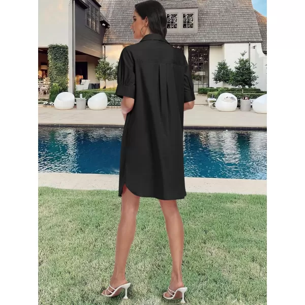 imageANRABESS Womens Shirt Dress Collar Short Sleeve Loose Casual Summer Button Down Shift Dresses with PocketsBlack