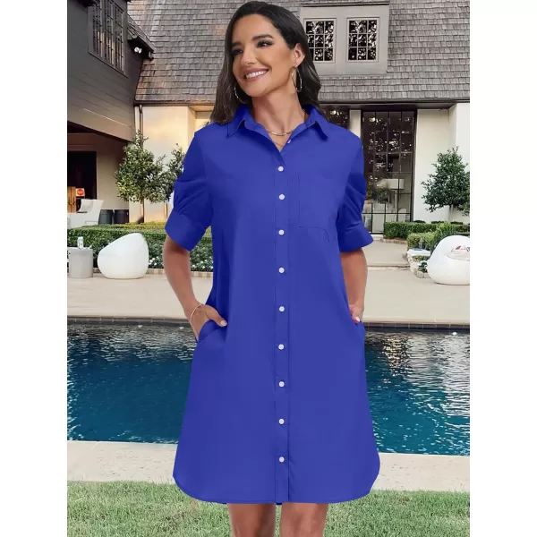 imageANRABESS Womens Shirt Dress Collar Short Sleeve Loose Casual Summer Button Down Shift Dresses with PocketsBlue