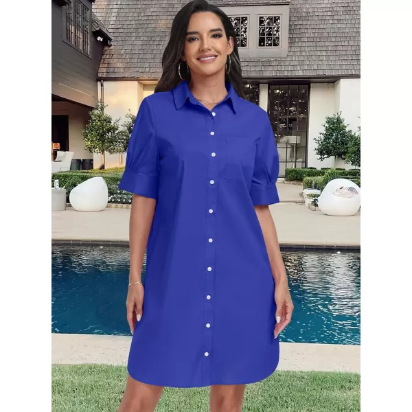 imageANRABESS Womens Shirt Dress Collar Short Sleeve Loose Casual Summer Button Down Shift Dresses with PocketsBlue