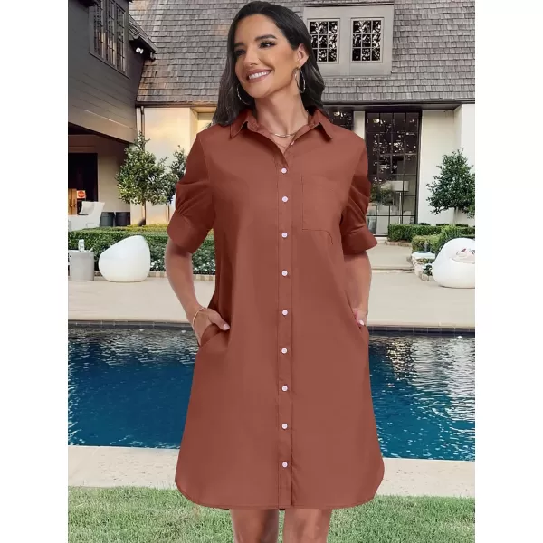 imageANRABESS Womens Shirt Dress Collar Short Sleeve Loose Casual Summer Button Down Shift Dresses with PocketsBrown