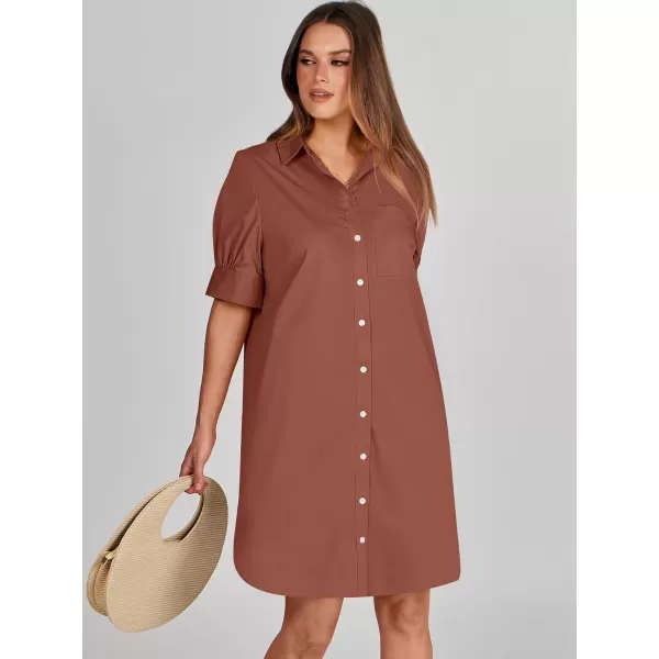 imageANRABESS Womens Shirt Dress Collar Short Sleeve Loose Casual Summer Button Down Shift Dresses with PocketsBrown
