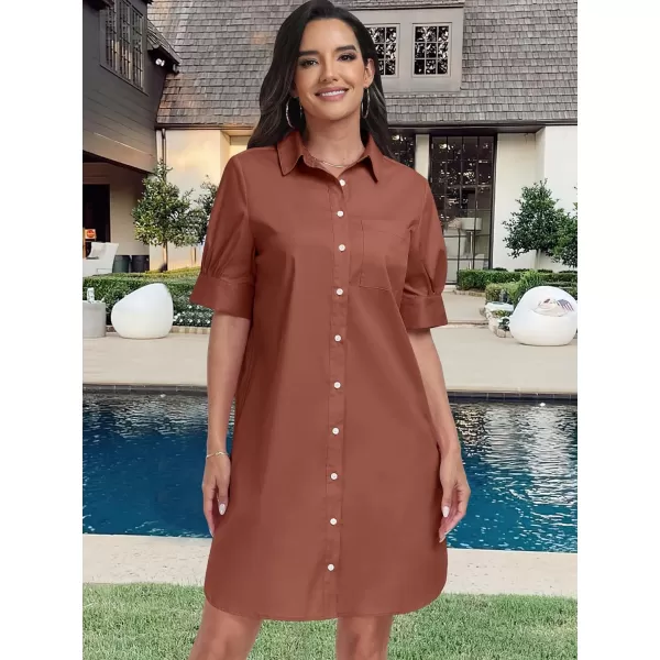 imageANRABESS Womens Shirt Dress Collar Short Sleeve Loose Casual Summer Button Down Shift Dresses with PocketsBrown