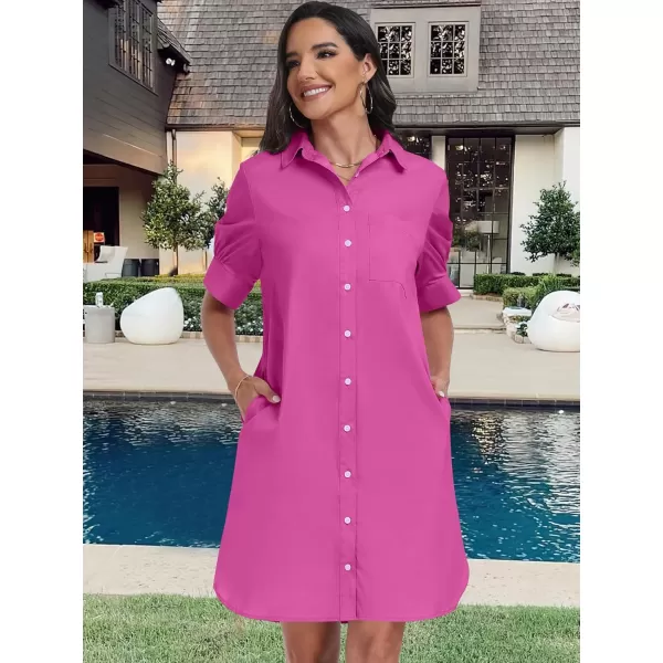 imageANRABESS Womens Shirt Dress Collar Short Sleeve Loose Casual Summer Button Down Shift Dresses with PocketsHot Pink