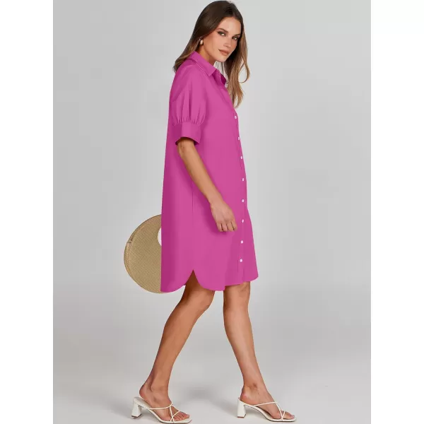 imageANRABESS Womens Shirt Dress Collar Short Sleeve Loose Casual Summer Button Down Shift Dresses with PocketsHot Pink