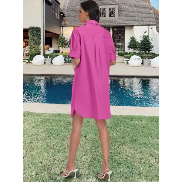 imageANRABESS Womens Shirt Dress Collar Short Sleeve Loose Casual Summer Button Down Shift Dresses with PocketsHot Pink