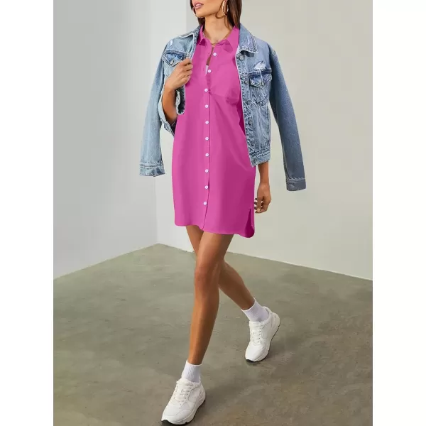 imageANRABESS Womens Shirt Dress Collar Short Sleeve Loose Casual Summer Button Down Shift Dresses with PocketsHot Pink