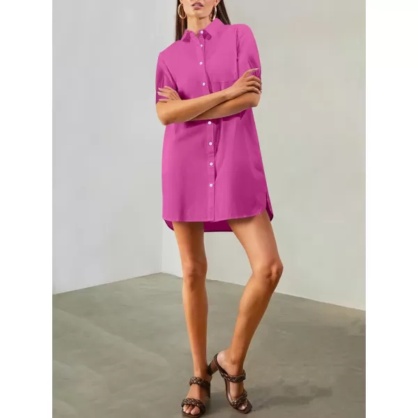 imageANRABESS Womens Shirt Dress Collar Short Sleeve Loose Casual Summer Button Down Shift Dresses with PocketsHot Pink