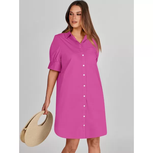 imageANRABESS Womens Shirt Dress Collar Short Sleeve Loose Casual Summer Button Down Shift Dresses with PocketsHot Pink