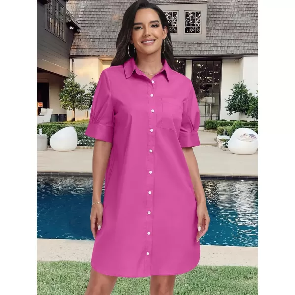 imageANRABESS Womens Shirt Dress Collar Short Sleeve Loose Casual Summer Button Down Shift Dresses with PocketsHot Pink