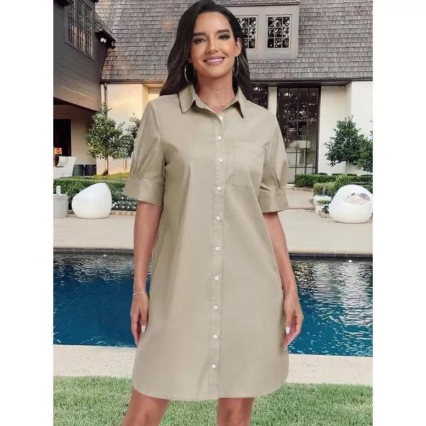 imageANRABESS Womens Shirt Dress Collar Short Sleeve Loose Casual Summer Button Down Shift Dresses with PocketsKhaki