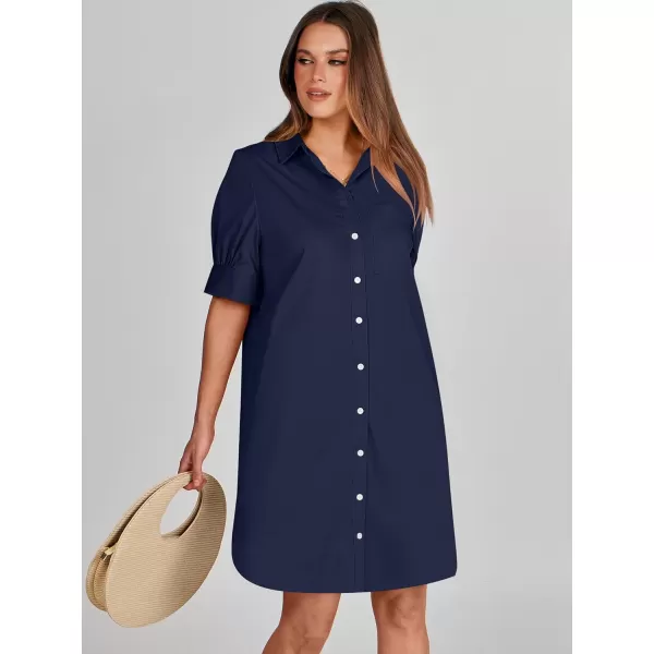 imageANRABESS Womens Shirt Dress Collar Short Sleeve Loose Casual Summer Button Down Shift Dresses with PocketsNavy Blue
