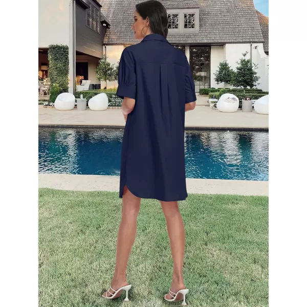 imageANRABESS Womens Shirt Dress Collar Short Sleeve Loose Casual Summer Button Down Shift Dresses with PocketsNavy Blue