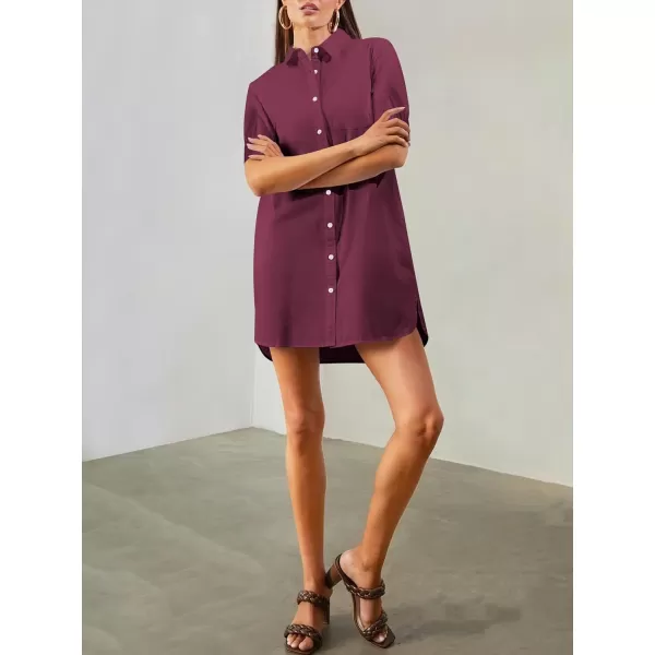 imageANRABESS Womens Shirt Dress Collar Short Sleeve Loose Casual Summer Button Down Shift Dresses with PocketsWine Red