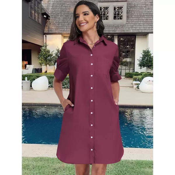imageANRABESS Womens Shirt Dress Collar Short Sleeve Loose Casual Summer Button Down Shift Dresses with PocketsWine Red