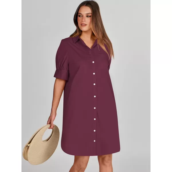 imageANRABESS Womens Shirt Dress Collar Short Sleeve Loose Casual Summer Button Down Shift Dresses with PocketsWine Red