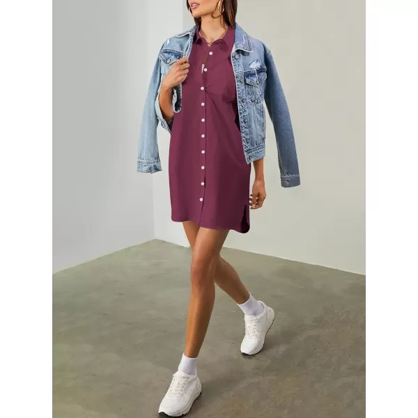 imageANRABESS Womens Shirt Dress Collar Short Sleeve Loose Casual Summer Button Down Shift Dresses with PocketsWine Red