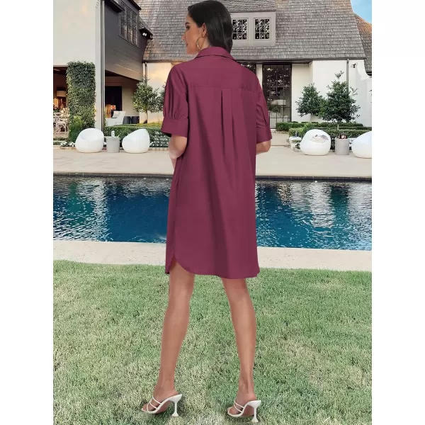 imageANRABESS Womens Shirt Dress Collar Short Sleeve Loose Casual Summer Button Down Shift Dresses with PocketsWine Red
