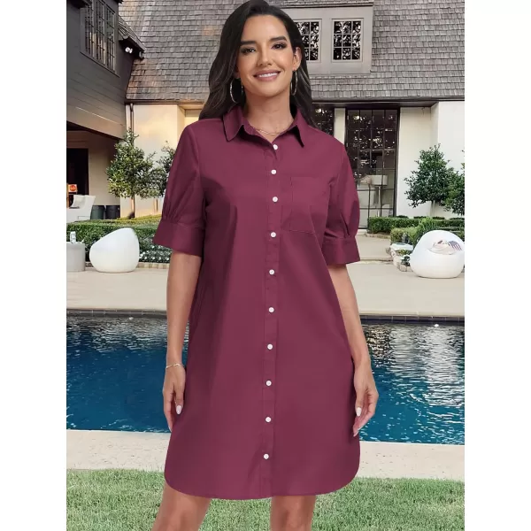 imageANRABESS Womens Shirt Dress Collar Short Sleeve Loose Casual Summer Button Down Shift Dresses with PocketsWine Red