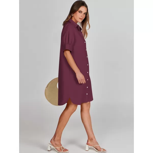 imageANRABESS Womens Shirt Dress Collar Short Sleeve Loose Casual Summer Button Down Shift Dresses with PocketsWine Red