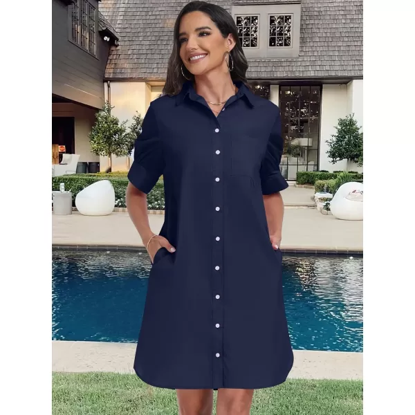 imageANRABESS Womens Shirt Dress Short Sleeve Loose Casual Summer Button Down Tunic Dresses with PocketsNavy Blue