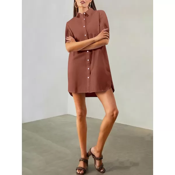 imageANRABESS Womens Shirt Dress Short Sleeve Loose Casual Summer Button Down Tunic Dresses with PocketsRed Brown