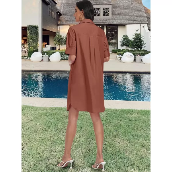 imageANRABESS Womens Shirt Dress Short Sleeve Loose Casual Summer Button Down Tunic Dresses with PocketsRed Brown