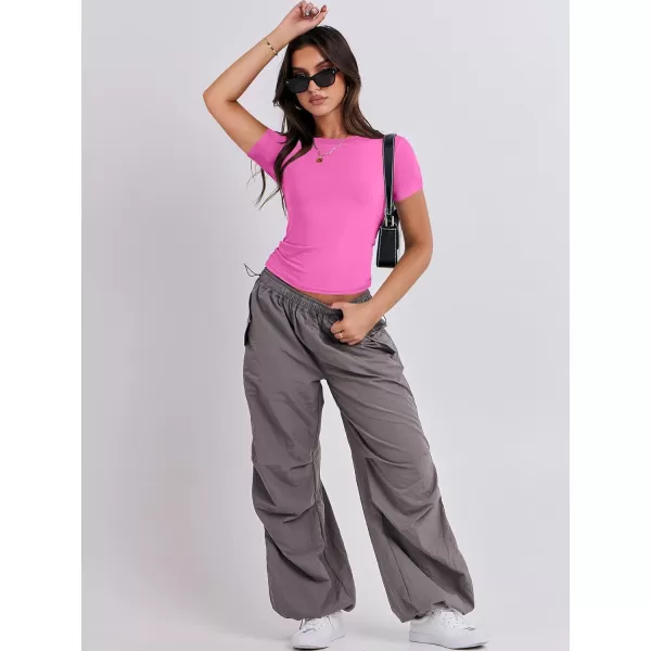 imageANRABESS Womens Short Sleeve Slim Fit Crop Top Going Out TightShirts Summer Basic TeesHot Pink