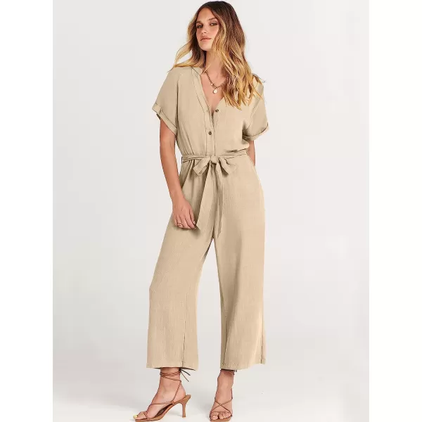 imageANRABESS Womens Short Sleeve V Neck Buttons Waist Belt Straight Wide Leg Cropped Jumpsuits Rompers with PocketsApricot