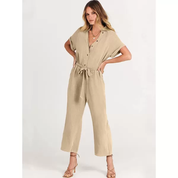 imageANRABESS Womens Short Sleeve V Neck Buttons Waist Belt Straight Wide Leg Cropped Jumpsuits Rompers with PocketsApricot