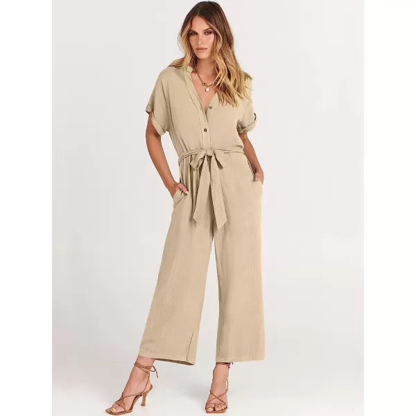imageANRABESS Womens Short Sleeve V Neck Buttons Waist Belt Straight Wide Leg Cropped Jumpsuits Rompers with PocketsApricot