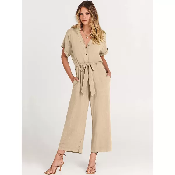 imageANRABESS Womens Short Sleeve V Neck Buttons Waist Belt Straight Wide Leg Cropped Jumpsuits Rompers with PocketsApricot